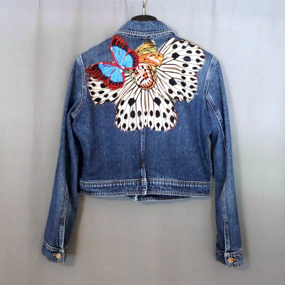 Roberto Cavalli Size IT 46 Butterfly Denim Jean Jacket Vintage - Picture 7 of 15
